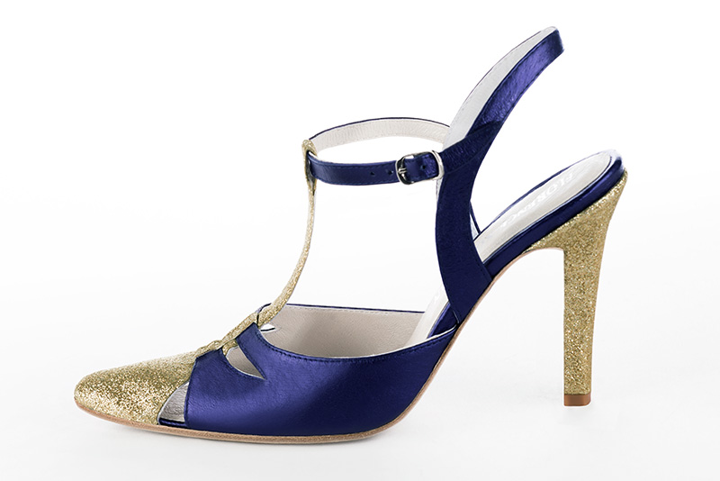 Gold and amethyst purple women's open back T-strap shoes. Tapered toe. Very high slim heel. Profile view - Florence KOOIJMAN